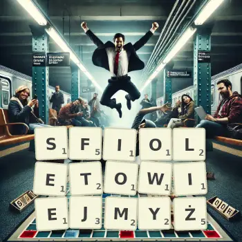 Kreatywna ilustracja do gry w Scrabble ze słowem SFIOLETOWIEJMYŻ ułożonym z płytek na planszy.