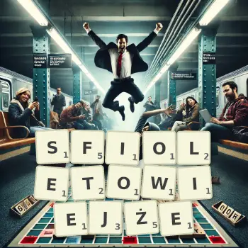 Kreatywna ilustracja do gry w Scrabble ze słowem SFIOLETOWIEJŻE ułożonym z płytek na planszy.