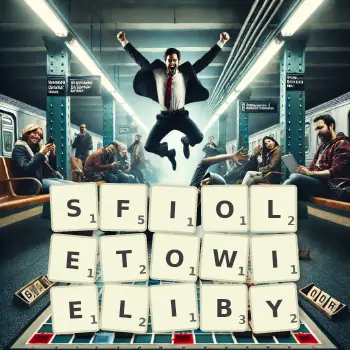 Kreatywna ilustracja do gry w Scrabble ze słowem SFIOLETOWIELIBY ułożonym z płytek na planszy.