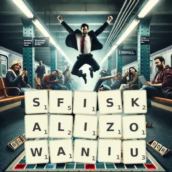 Kreatywna ilustracja do gry w Scrabble ze słowem SFISKALIZOWANIU ułożonym z płytek na planszy.