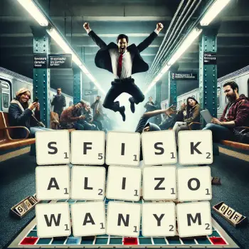 Kreatywna ilustracja do gry w Scrabble ze słowem SFISKALIZOWANYM ułożonym z płytek na planszy.