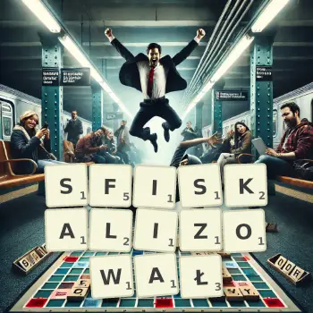 Kreatywna ilustracja do gry w Scrabble ze słowem SFISKALIZOWAŁ ułożonym z płytek na planszy.