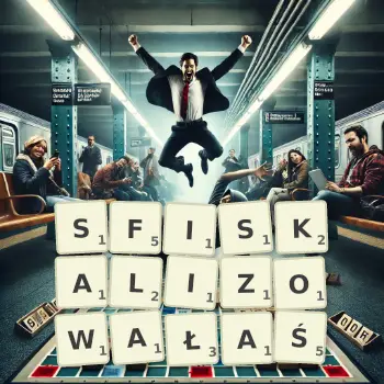 Kreatywna ilustracja do gry w Scrabble ze słowem SFISKALIZOWAŁAŚ ułożonym z płytek na planszy.