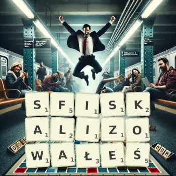 Kreatywna ilustracja do gry w Scrabble ze słowem SFISKALIZOWAŁEŚ ułożonym z płytek na planszy.