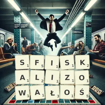 Kreatywna ilustracja do gry w Scrabble ze słowem SFISKALIZOWAŁOŚ ułożonym z płytek na planszy.