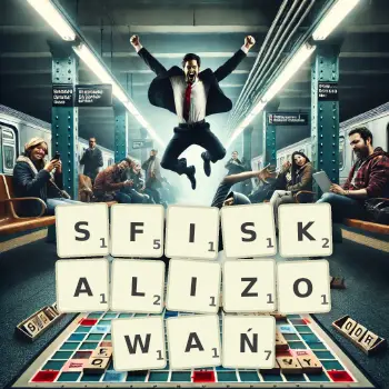 Kreatywna ilustracja do gry w Scrabble ze słowem SFISKALIZOWAŃ ułożonym z płytek na planszy.
