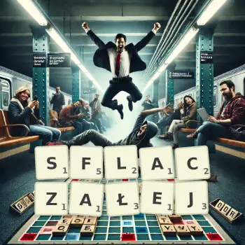 Kreatywna ilustracja do gry w Scrabble ze słowem SFLACZAŁEJ ułożonym z płytek na planszy.