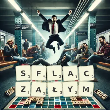 Kreatywna ilustracja do gry w Scrabble ze słowem SFLACZAŁYM ułożonym z płytek na planszy.