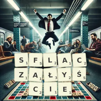 Kreatywna ilustracja do gry w Scrabble ze słowem SFLACZAŁYŚCIE ułożonym z płytek na planszy.