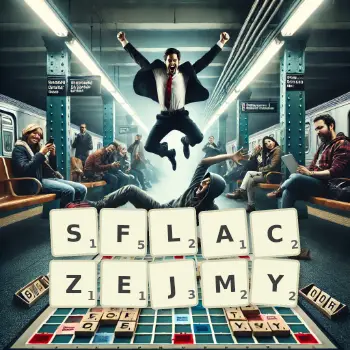 Kreatywna ilustracja do gry w Scrabble ze słowem SFLACZEJMY ułożonym z płytek na planszy.