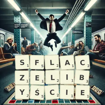 Kreatywna ilustracja do gry w Scrabble ze słowem SFLACZELIBYŚCIE ułożonym z płytek na planszy.