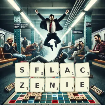 Kreatywna ilustracja do gry w Scrabble ze słowem SFLACZENIE ułożonym z płytek na planszy.