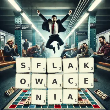 Kreatywna ilustracja do gry w Scrabble ze słowem SFLAKOWACENIA ułożonym z płytek na planszy.