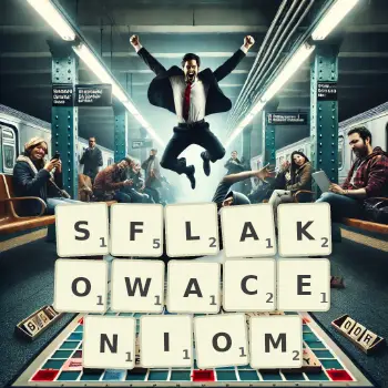 Kreatywna ilustracja do gry w Scrabble ze słowem SFLAKOWACENIOM ułożonym z płytek na planszy.