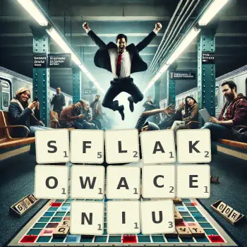 Kreatywna ilustracja do gry w Scrabble ze słowem SFLAKOWACENIU ułożonym z płytek na planszy.