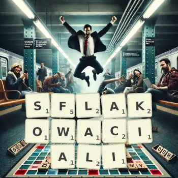 Kreatywna ilustracja do gry w Scrabble ze słowem SFLAKOWACIALI ułożonym z płytek na planszy.