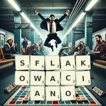 Kreatywna ilustracja do gry w Scrabble ze słowem SFLAKOWACIANO ułożonym z płytek na planszy.