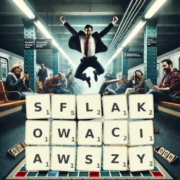Kreatywna ilustracja do gry w Scrabble ze słowem SFLAKOWACIAWSZY ułożonym z płytek na planszy.