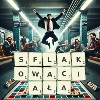 Kreatywna ilustracja do gry w Scrabble ze słowem SFLAKOWACIAŁA ułożonym z płytek na planszy.