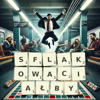 Kreatywna ilustracja do gry w Scrabble ze słowem SFLAKOWACIAŁBY ułożonym z płytek na planszy.