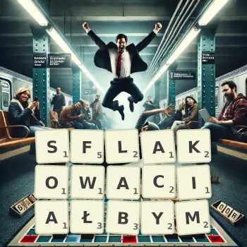 Kreatywna ilustracja do gry w Scrabble ze słowem SFLAKOWACIAŁBYM ułożonym z płytek na planszy.