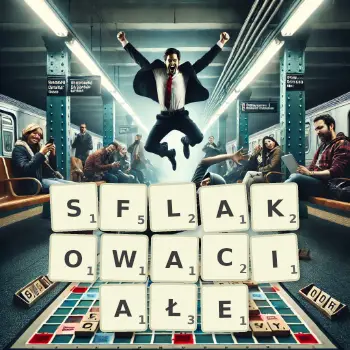 Kreatywna ilustracja do gry w Scrabble ze słowem SFLAKOWACIAŁE ułożonym z płytek na planszy.
