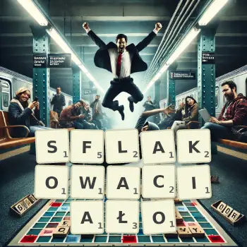 Kreatywna ilustracja do gry w Scrabble ze słowem SFLAKOWACIAŁO ułożonym z płytek na planszy.