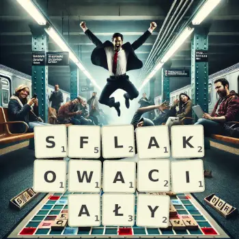 Kreatywna ilustracja do gry w Scrabble ze słowem SFLAKOWACIAŁY ułożonym z płytek na planszy.