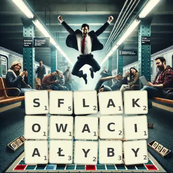 Kreatywna ilustracja do gry w Scrabble ze słowem SFLAKOWACIAŁYBY ułożonym z płytek na planszy.