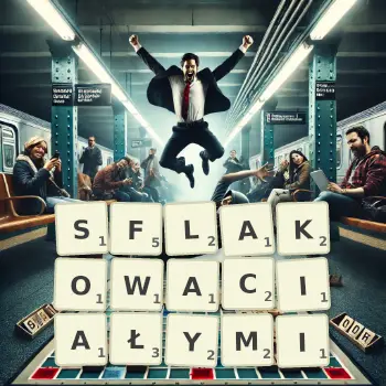 Kreatywna ilustracja do gry w Scrabble ze słowem SFLAKOWACIAŁYMI ułożonym z płytek na planszy.