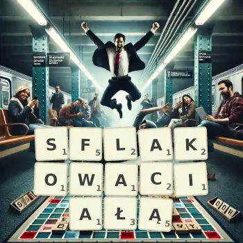 Kreatywna ilustracja do gry w Scrabble ze słowem SFLAKOWACIAŁĄ ułożonym z płytek na planszy.