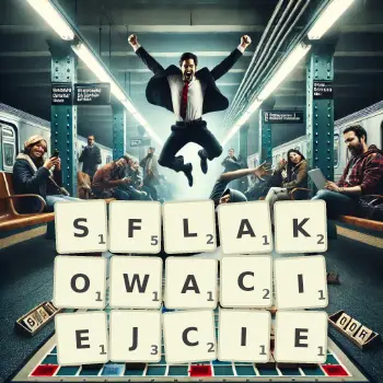 Kreatywna ilustracja do gry w Scrabble ze słowem SFLAKOWACIEJCIE ułożonym z płytek na planszy.