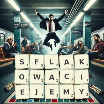 Kreatywna ilustracja do gry w Scrabble ze słowem SFLAKOWACIEJEMY ułożonym z płytek na planszy.