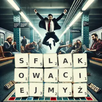 Kreatywna ilustracja do gry w Scrabble ze słowem SFLAKOWACIEJMYŻ ułożonym z płytek na planszy.