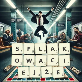 Kreatywna ilustracja do gry w Scrabble ze słowem SFLAKOWACIEJŻE ułożonym z płytek na planszy.