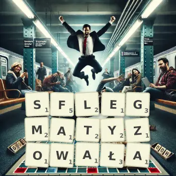 Kreatywna ilustracja do gry w Scrabble ze słowem SFLEGMATYZOWAŁA ułożonym z płytek na planszy.