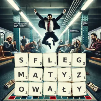 Kreatywna ilustracja do gry w Scrabble ze słowem SFLEGMATYZOWAŁY ułożonym z płytek na planszy.