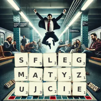 Kreatywna ilustracja do gry w Scrabble ze słowem SFLEGMATYZUJCIE ułożonym z płytek na planszy.