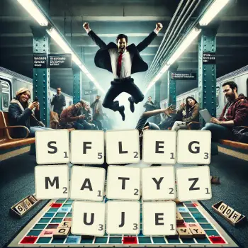 Kreatywna ilustracja do gry w Scrabble ze słowem SFLEGMATYZUJE ułożonym z płytek na planszy.