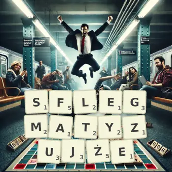 Kreatywna ilustracja do gry w Scrabble ze słowem SFLEGMATYZUJŻE ułożonym z płytek na planszy.