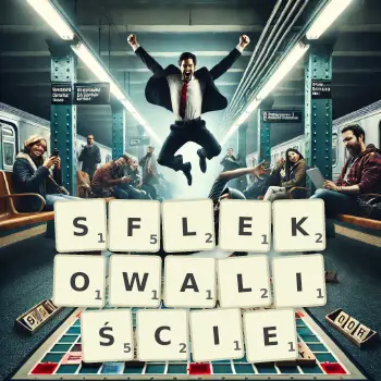 Kreatywna ilustracja do gry w Scrabble ze słowem SFLEKOWALIŚCIE ułożonym z płytek na planszy.