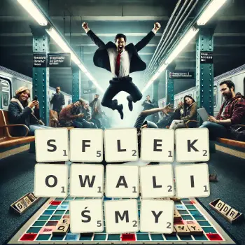 Kreatywna ilustracja do gry w Scrabble ze słowem SFLEKOWALIŚMY ułożonym z płytek na planszy.
