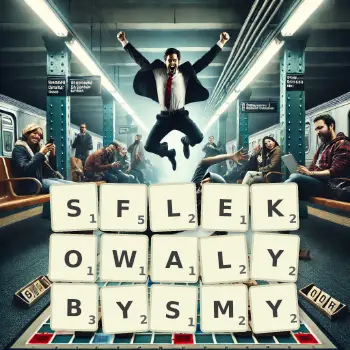 Kreatywna ilustracja do gry w Scrabble ze słowem SFLEKOWALYBYSMY ułożonym z płytek na planszy.