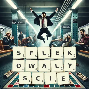 Kreatywna ilustracja do gry w Scrabble ze słowem SFLEKOWALYSCIE ułożonym z płytek na planszy.