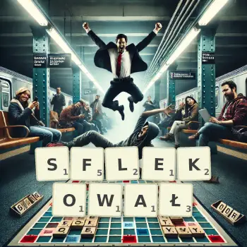 Kreatywna ilustracja do gry w Scrabble ze słowem SFLEKOWAŁ ułożonym z płytek na planszy.