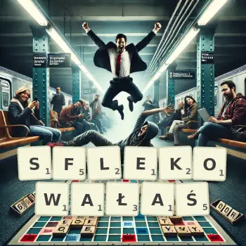 Kreatywna ilustracja do gry w Scrabble ze słowem SFLEKOWAŁAŚ ułożonym z płytek na planszy.