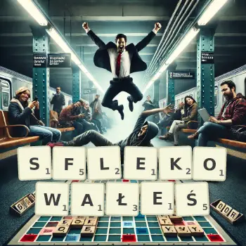 Kreatywna ilustracja do gry w Scrabble ze słowem SFLEKOWAŁEŚ ułożonym z płytek na planszy.