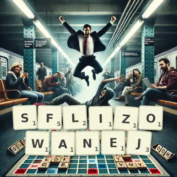 Kreatywna ilustracja do gry w Scrabble ze słowem SFLIZOWANEJ ułożonym z płytek na planszy.