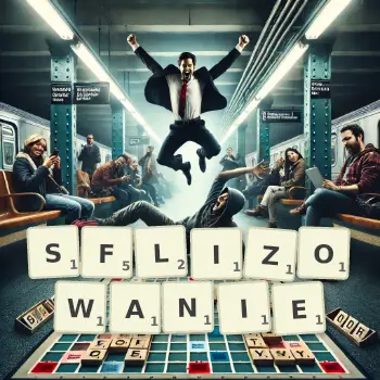 Kreatywna ilustracja do gry w Scrabble ze słowem SFLIZOWANIE ułożonym z płytek na planszy.