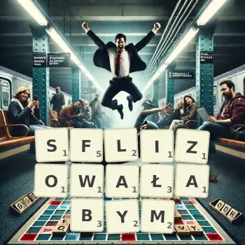 Kreatywna ilustracja do gry w Scrabble ze słowem SFLIZOWAŁABYM ułożonym z płytek na planszy.